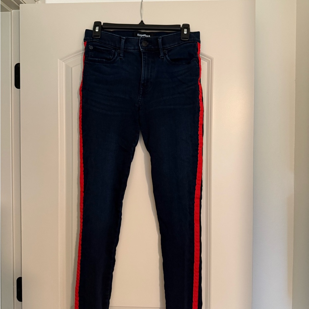 Express Navy Jeans with Vibrant Red Stripe